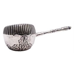 Late 19th century American silver strainer, the bowl of circular part fluted form, with foliate embossed detail, gilt interior with pierced strainer, and foliate detailed handle to side, marked beneath Sterling 925/1000, with makers mark for Foster & Bailey, L11cm, approximate weight 0.86 ozt (26.7 grams)