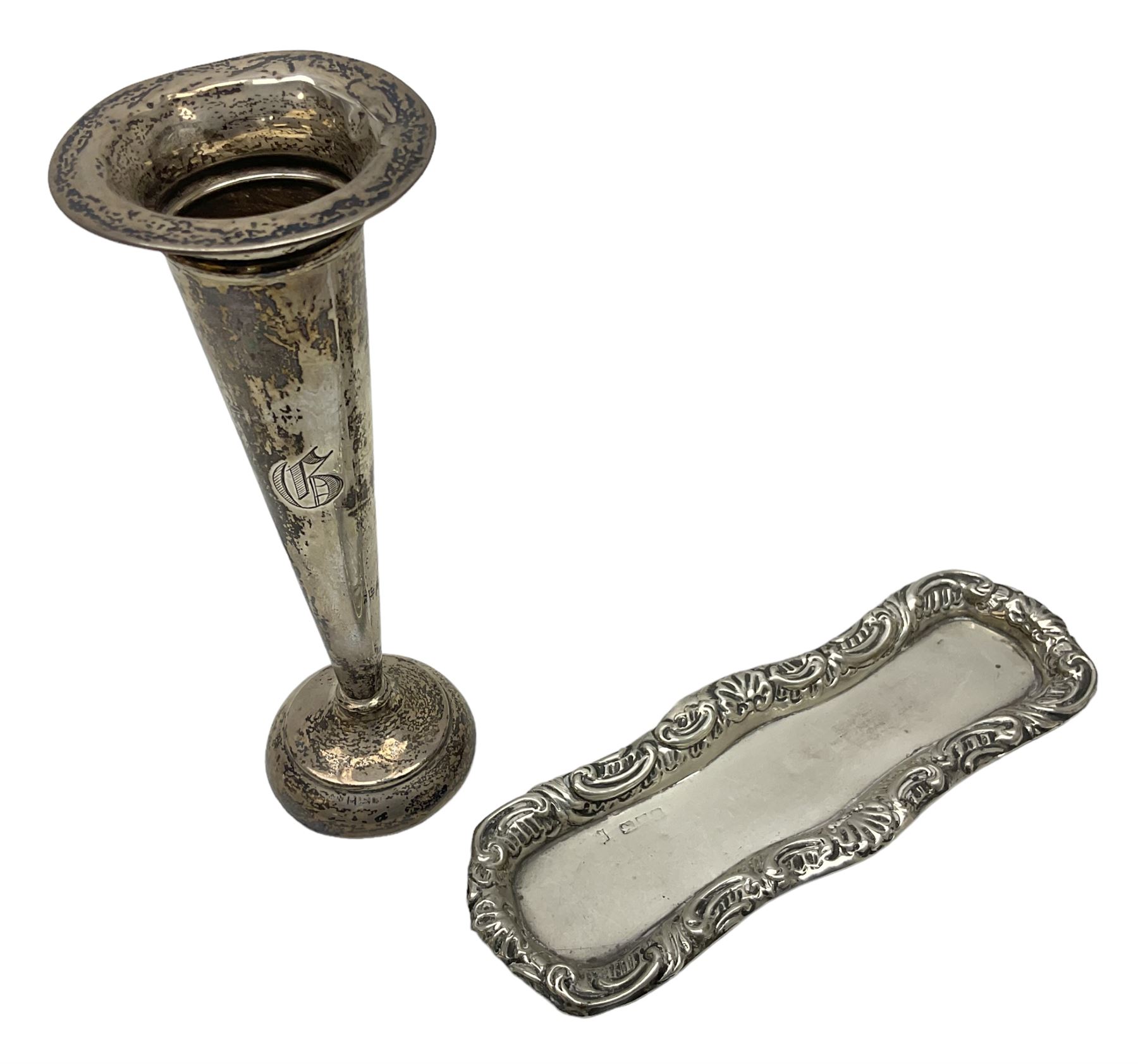 20th century silver specimen vase, of trumpet form with filled base, hallmarked Birmingham, together with a silver tray, hallmarked Chester, weight of tray 28 grams