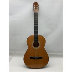 Spanish BM acoustic guitar with mahogany back and sides and spruce top L101cm; in cello carrying case; Roland foot pedal and two Yamaha foot pedals; tin D# organ pipe; folding music stand etc