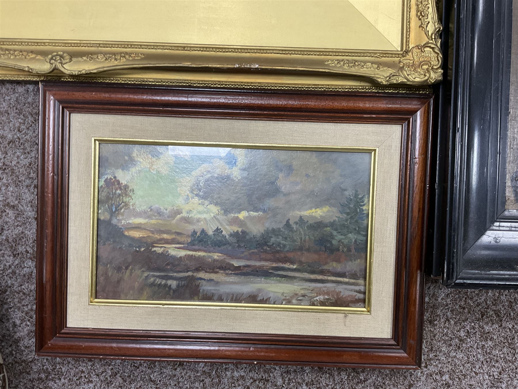 Collection of oil paintings and watercolours, artists to include, J Douglas, AH Angel, G Ashworth, portrait oil, Stuart Walton signed print, two William Widgery prints, etc