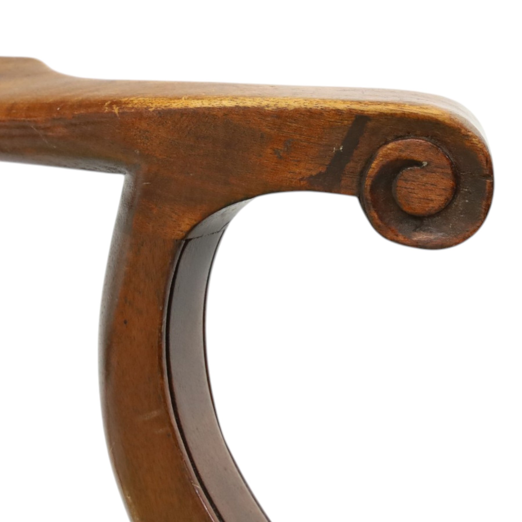 Pair of Georgian design Chippendale style mahogany elbow chairs, the pierced and waived ribbon ladder-back over scrolled arm terminals and yellow drop-in seats, on moulded and chamfered square supports