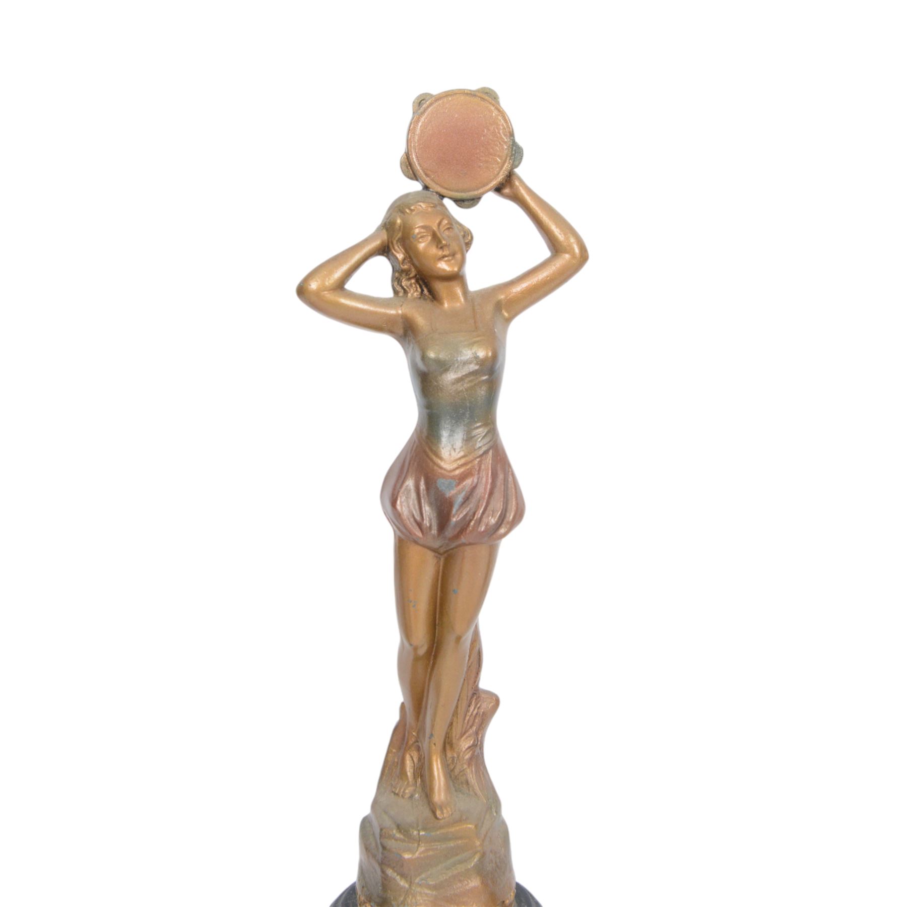 Four Art Deco style figures, modelled as dancers in various poses, finished in gilt and upon wooden plinths, H33cm