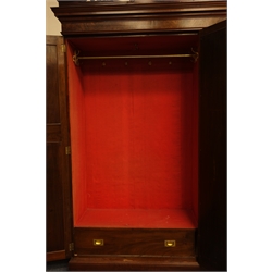  Large Edwardian walnut wardrobe, swan neck pediment with carvings, projecting cornice, two carved and reeded doors flanking centre full length mirror door, enclosing hanging rails and hooks a long and short draw, plinth base, W160cm, H240cm, D57cm  