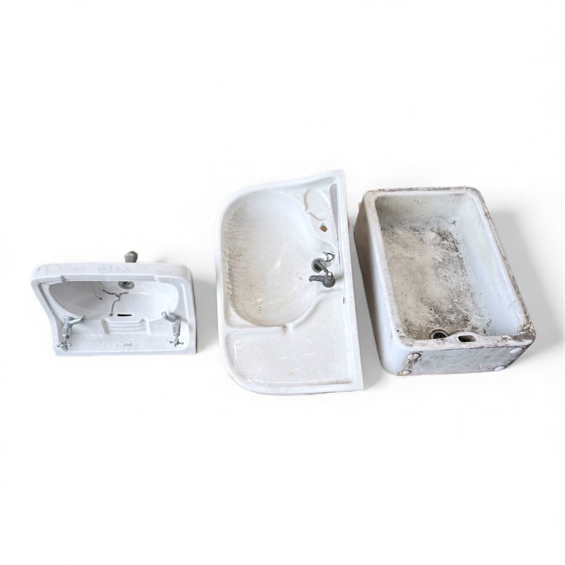 Collection of three sinks - one Belfast Sink plus two handwash sinks with two pedestals