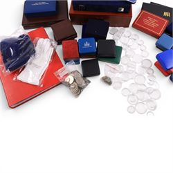 Large quantity of empty Royal Mint and Westminster coin cases, two part-filled First National Coinage of Barbados proof sets, pre-decimal coins, commemorative crowns, small group of ancient coins, Pobjoy Mint velvet bags, Hattons of London gloves, coin capsules, etc