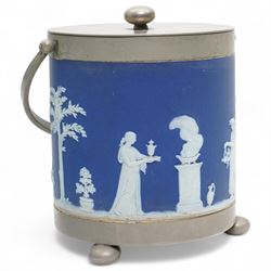 19th century Wedgwood Jasperware biscuit barrel, bas relief decorated with Diana and other classical figures, with EPNS mounts and swing handle, H18cm together with a Wedgwood Queen's Ware bowl (2)