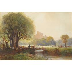 English School (Early 20th century): Shepherd and Flock with Distant Castle, watercolour u...