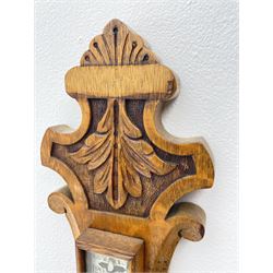 Early 20th century carved oak card aneroid barometer with visible aneroid and mercury thermometer, by ‘C. J. Gowland, Sunderland’ 