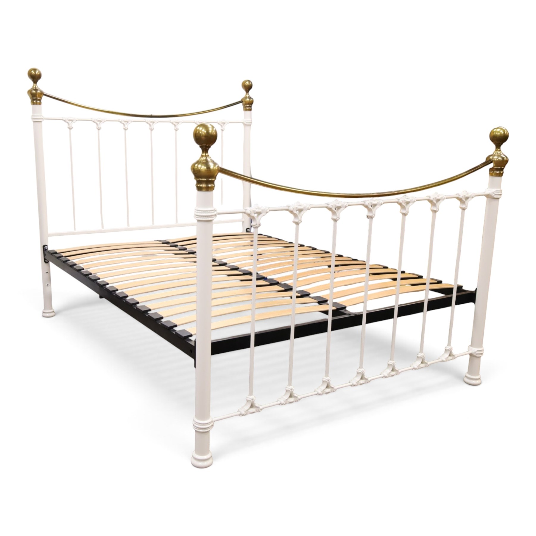 And So To Bed - Victorian design 'Juniper' brass and white painted double bed, the head and foot-boards with brass finials and curved cresting rails