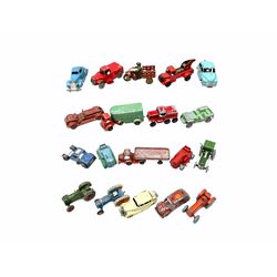Various Makers - seventeen unboxed and playworn early die-cast models by LDGW, Maylow etc including road cleaner, clockwork breakdown truck, tractors, jeep etc; together with a cast-iron motorcycle cart and saloon car (19)