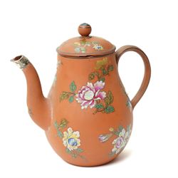 18th century creamware plate, painted with a chinoiserie landscape, D25cm; together with a Wedgwood terracotta jug, stamped to base, H15cm, and a Wedgwood Capri ware coffee pot, stamped to base, H19cm (3)