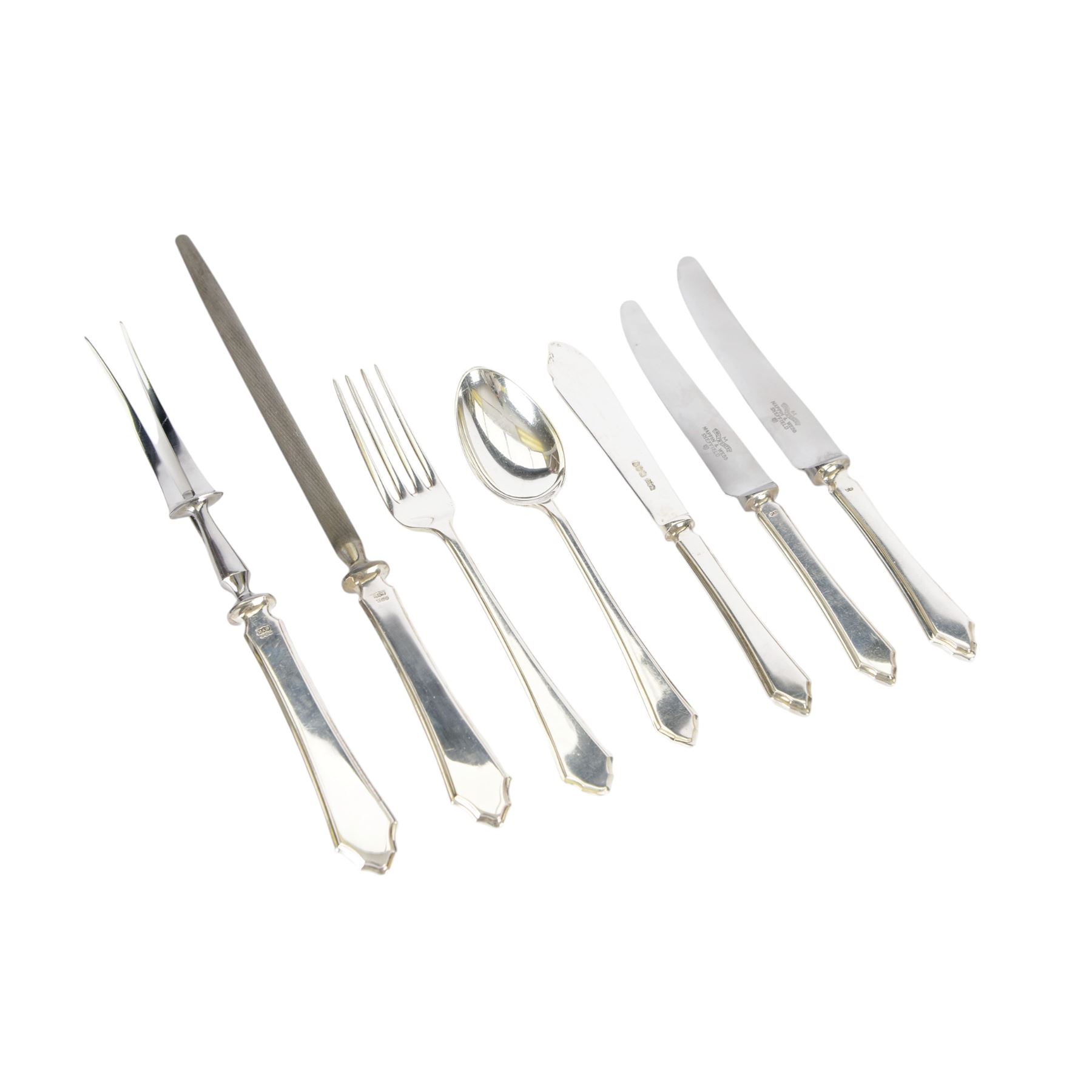 Modern silver Pembury pattern canteen for twelve place settings, comprising table forks, table knives, side forks, side knives, dessert spoons, soup spoons, fish knives and forks, pair of fish servers, teaspoons, six table spoons, two sauce ladles, and a five piece carving set, hallmarked Mappin & Webb, Sheffield, 1940, 1943, 1944, 1946 and 1947, contained within a two draw mahogany canteen table with cabriole legs, ring handles and green baize lined interior, with two accompanying keys, table H75cm W75cm D49cm


