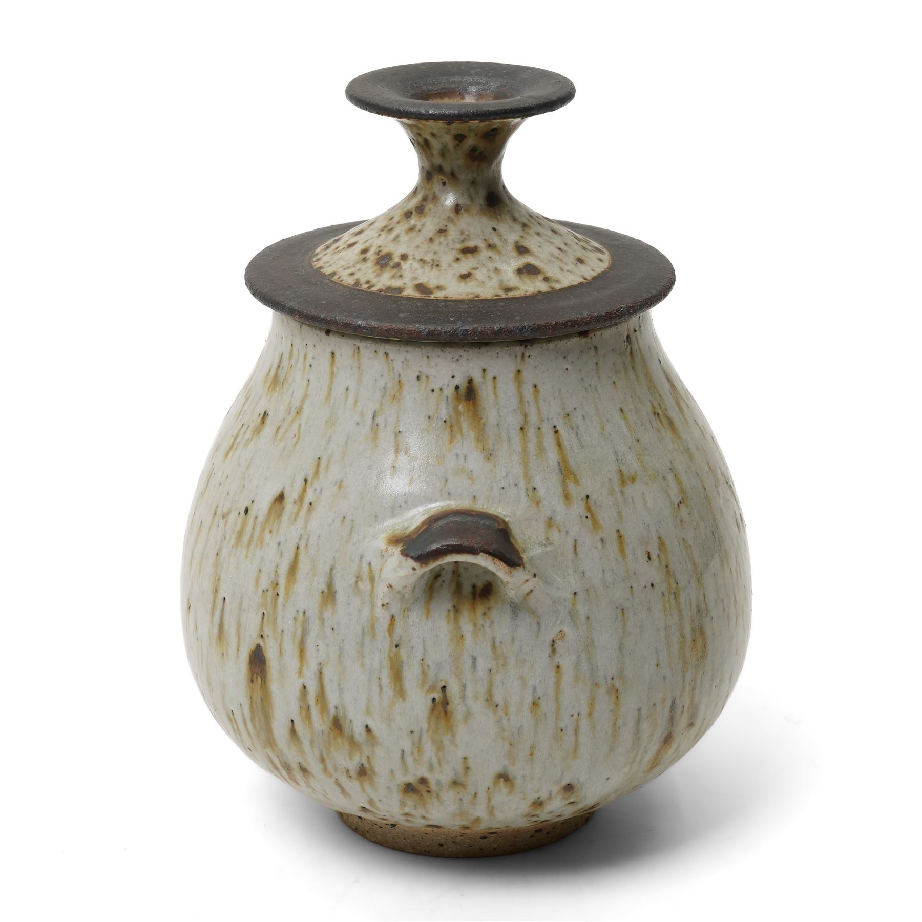 Barbara Cass (1921-1992) for Arden Pottery: Covered jar, in mottled blue and green glazed, incised marks to base, H22cm