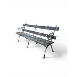 Early 20th century three section cast metal and wood slatted garden bench