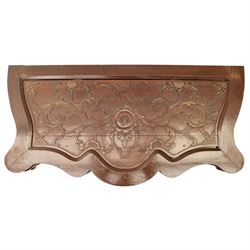 Chinese stained hardwood side table, late Qing dynasty style, with shaped top above a pierced and carved frieze of foliage and fruiting vines, cabriole legs terminating in scroll feet, united by a carved shaped undertier