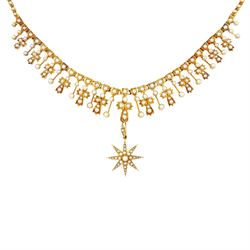 Edwardian 15ct gold split pearl fringe necklace, thirteen graduating cross pendants, each ...