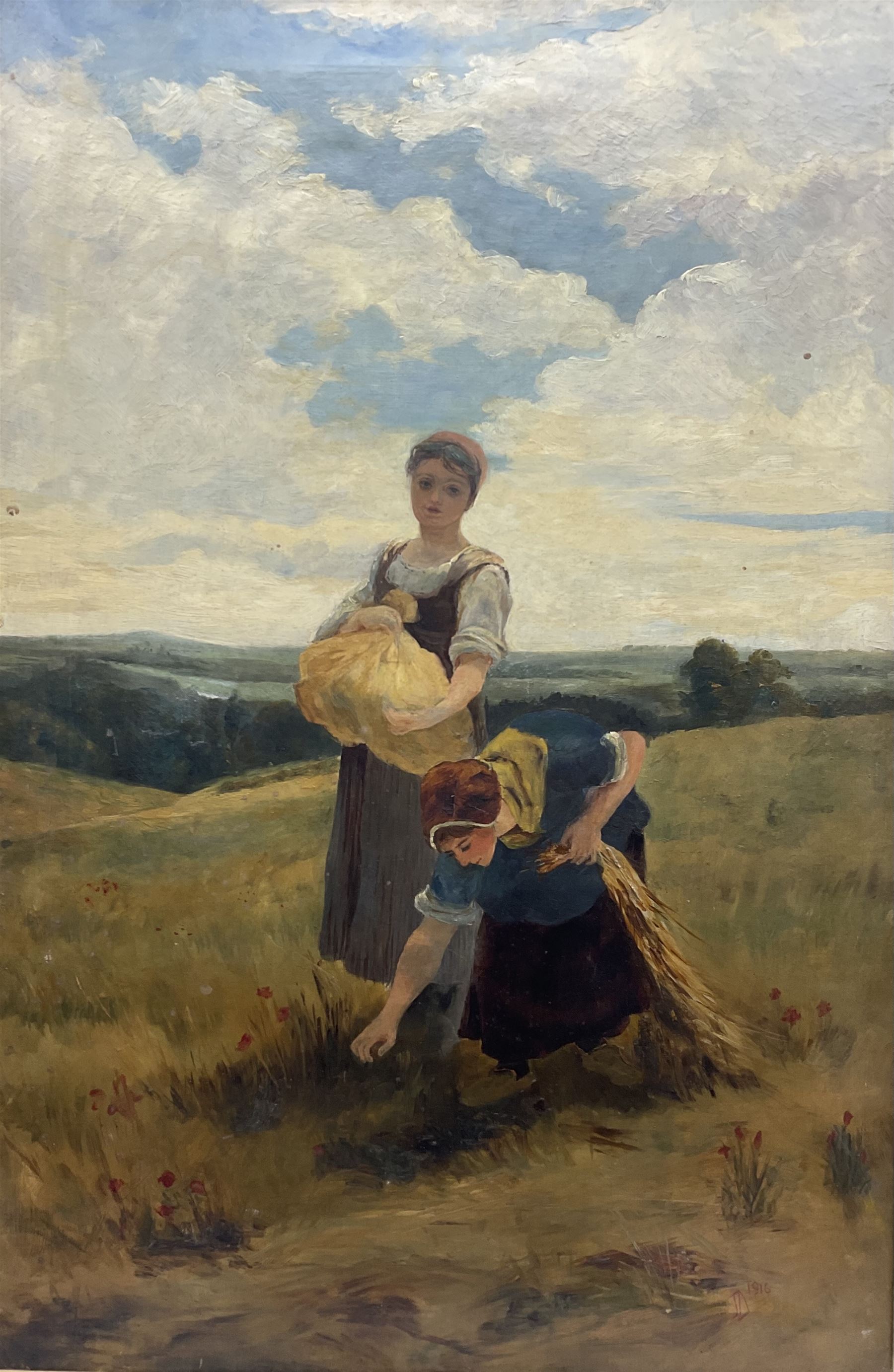 JD (British 19th Century): Ladies in the Field, oil on canvas signed with initials and dated 1916, 90cm x 59cm 