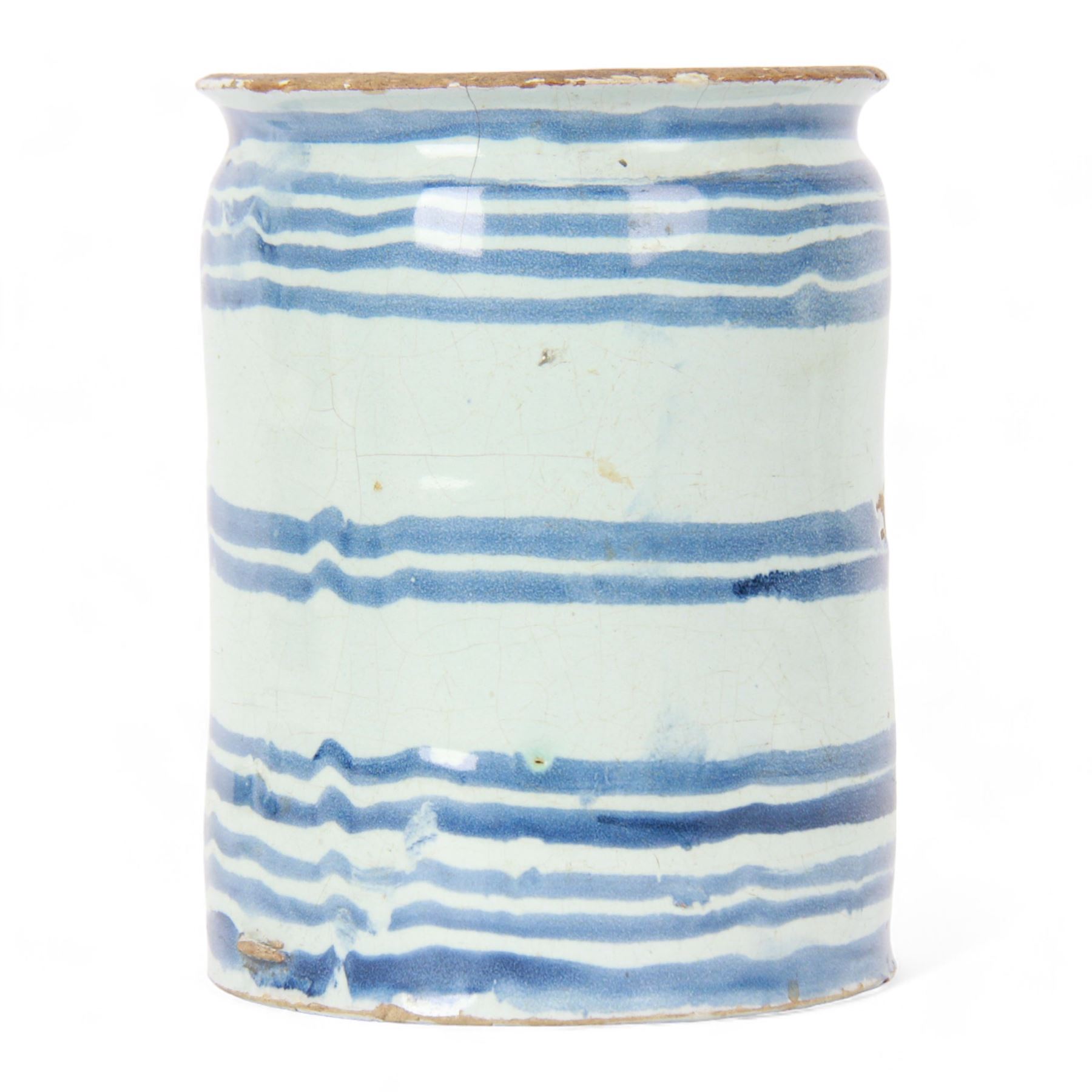 18th century English Delft blue and white drug jar, circa 1720-1760, probably London, of cylindrical form with short everted rim, painted with concentric blue bands, bearing Christie's lot label, H18cm D14cm

Provenance:
Lot 1601, British and Continental Ceramics and Glass, Christie's, 7th September 2006
From the collection of Lady Ottoline Morrell, Garsington Manor, Oxford