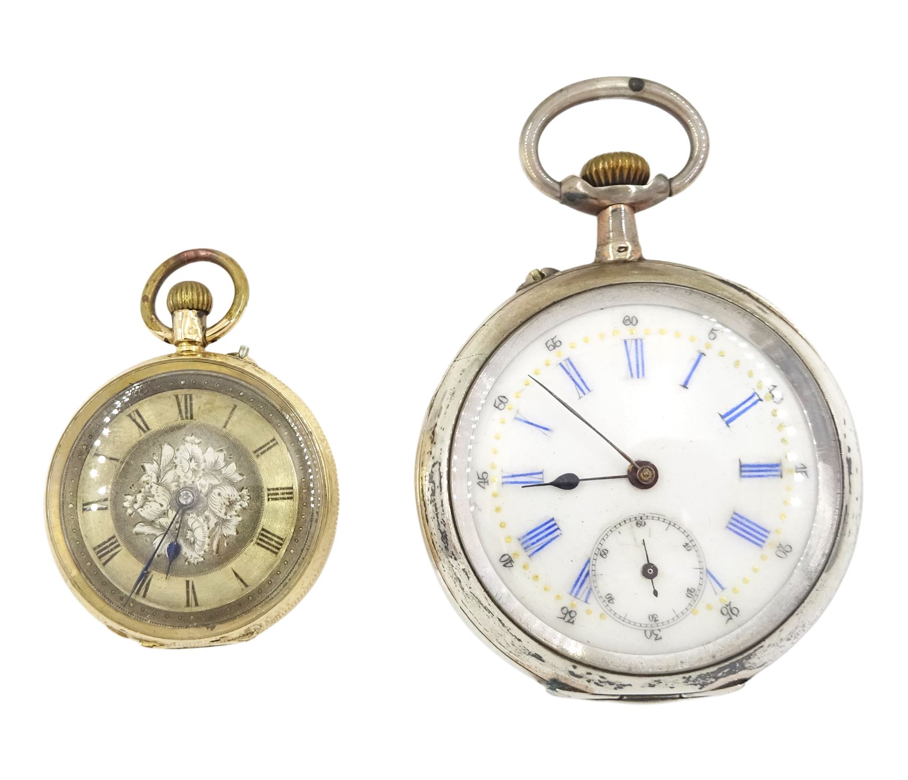 Early 20th century 14ct gold keyless lever pocket watch and Swiss silver keyless pocket watch, stamped, white dial with Roman numerals and subsidiary seconds dial, hallmarked
