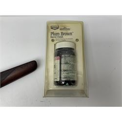 Assorted rifle and pistol spares; early Gem air rifle with sawn off barrel (piece present); telescopic sight; canvas/leather ammunition pouch; Mauser stock; barrel browning solution etc