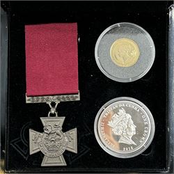 'The Victoria Cross Gold and Silver Commemorative Set' comprising Queen Elizabeth II Tristan Da Cunha 2016 9ct gold double crown, 2016 sterling silver one crown and a replica VC medal, cased with certificate 