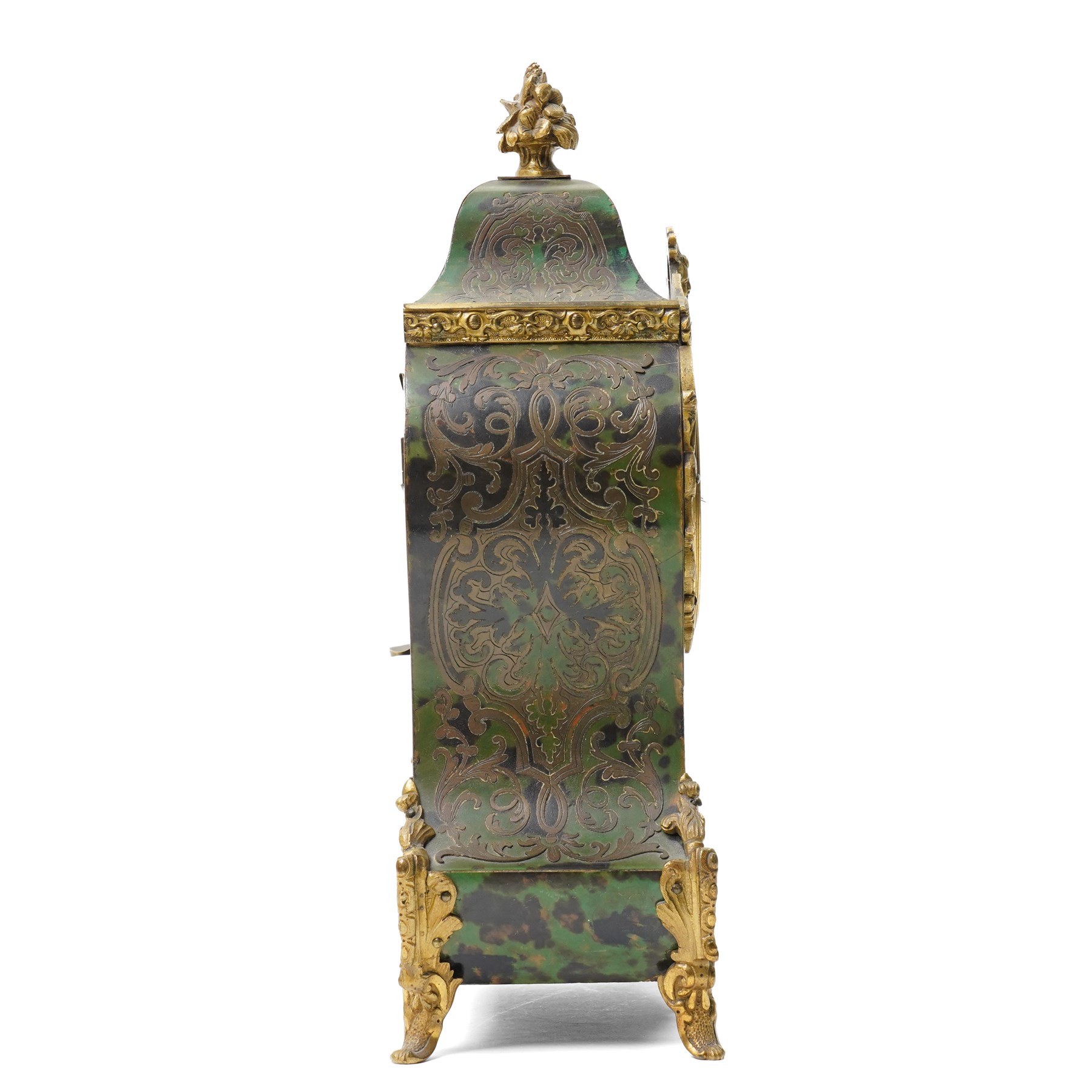 Late 19th century mantel clock in stained green tortoiseshell Boulle work case with white and blue enamel dial, bell strike and gilt metal mounts on shaped supports H30cm