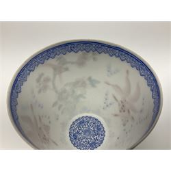 Two Chinese eggshell porcelain bowls, polychrome decorated with birds in branches, floral sprays and swimming fish, each with surrounding blue ruyi border decoration and character marks beneath, D12cm