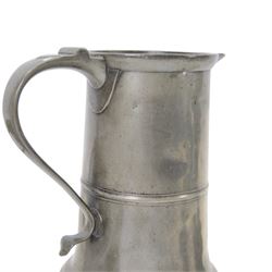 19th century Pewter tavern jug, with WR beneath a crown touch mark, together with pewter tankards and measures  