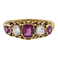 Victorian 15ct gold five stone clear and purple paste ring, Birmingham 1866