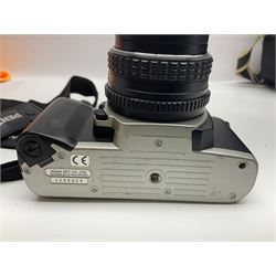 Four camera bodies, to include, Ricoh KR-10 serial no. 38826, Pentax MZ-M serial no. 4185969 with 'SMC Pentax- M 1:3.5 28mm' lens, Canon EOS500 serial no. 080927, with 'Sigma Zoom 100-300mm 1:4.5-6.7 DL'  lens etc, with other camera lenses and equipment 