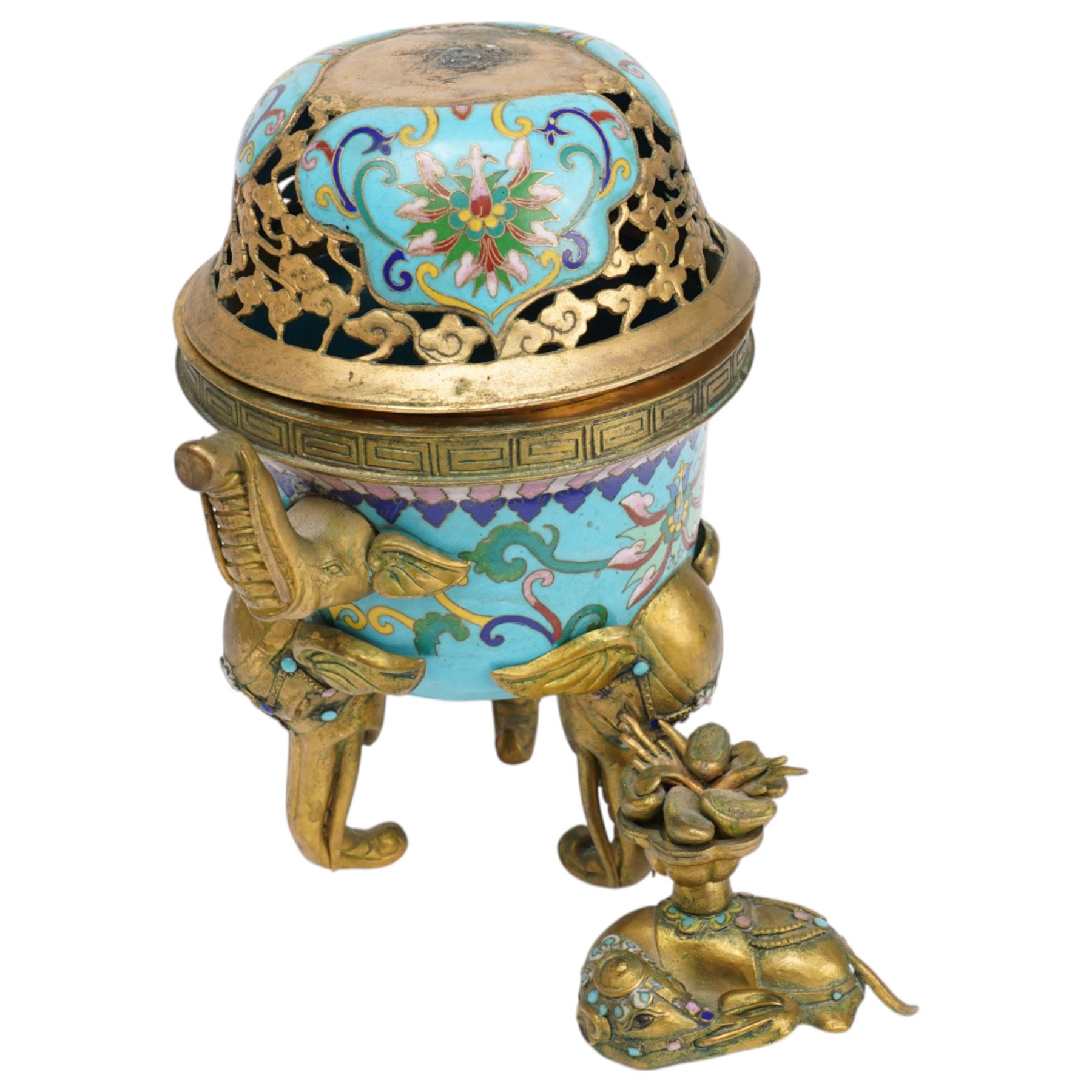 Pair of Chinese 20th century cloisonne Tang style horses with removeable saddles H35cm and a cloisonne and gilt metal koro