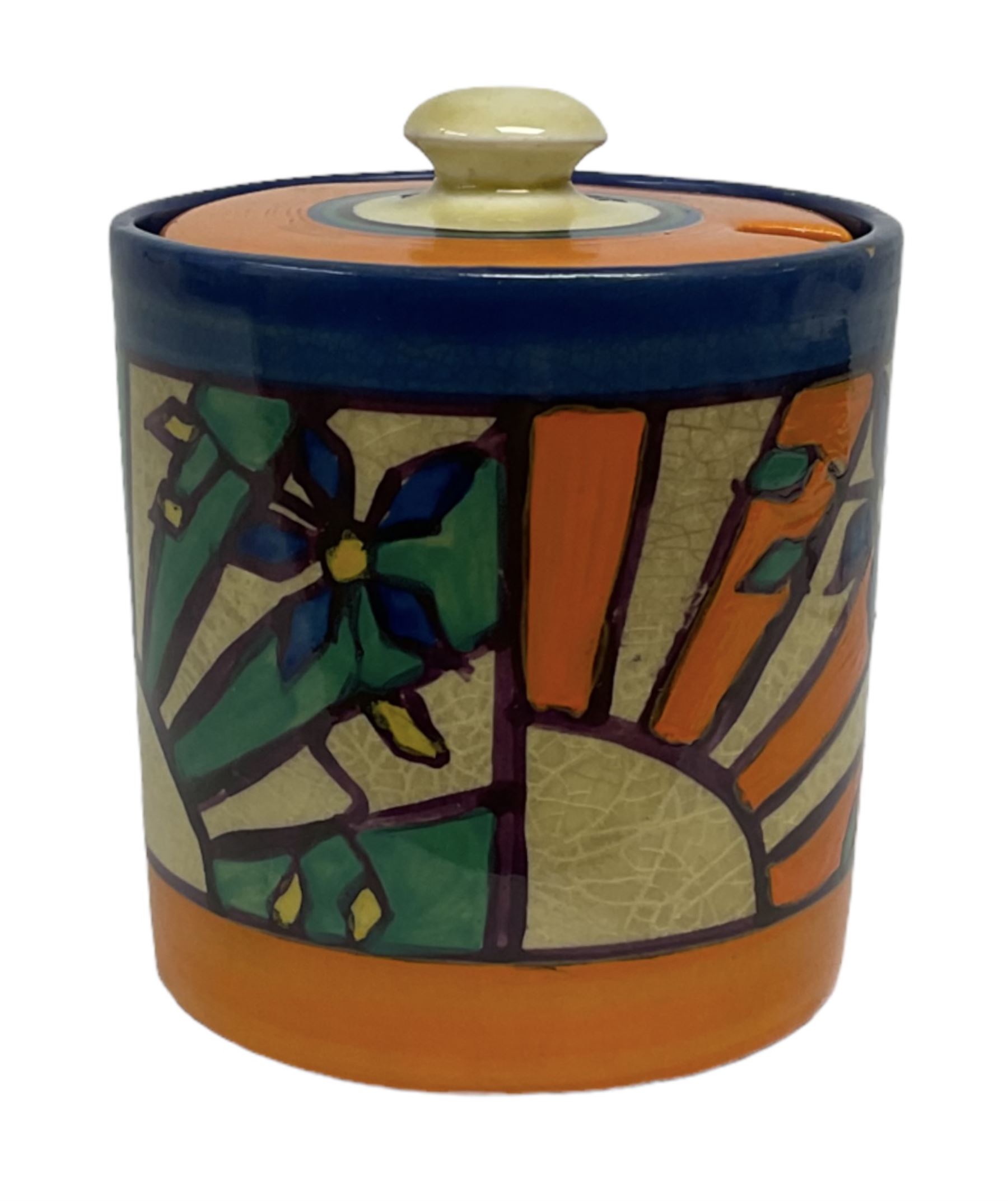 Clarice Cliff Fantasque for Wilkinson Pottery preserve pot, circa 1928, of drum form decorated in Sunray Leaves pattern, H8cm