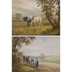 Robert Ixer (British 1941-): Heavy Horses Ploughing, pair oils on canvas signed 30cm x 40cm (2)