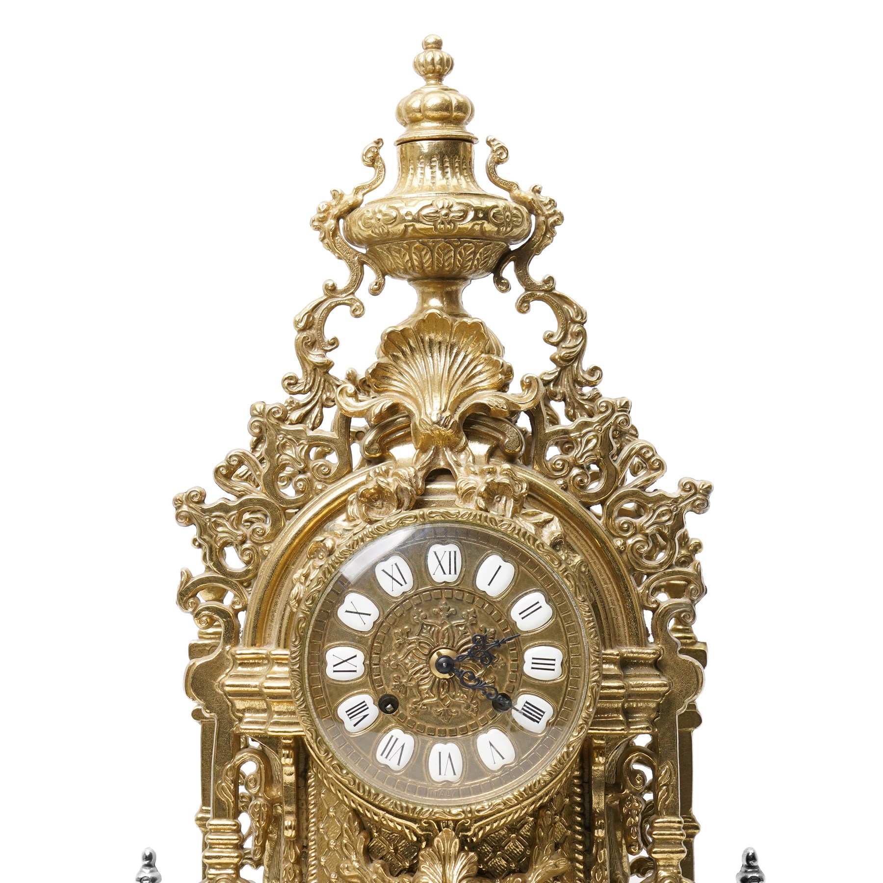 19th century design mantel clock, the brass dial with porcelain numerals, bell strike in brass case of rococo design with urn finial H60cm