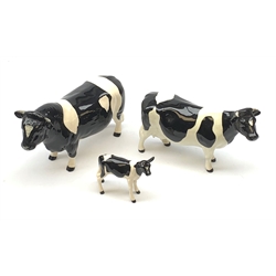 A Beswick Friesion Bull, marked Coddington Hilt Bar, a Friesion Cow, marked Ch Claybury Leegwater, and a Friesion Calf, each with printed mark beneath.