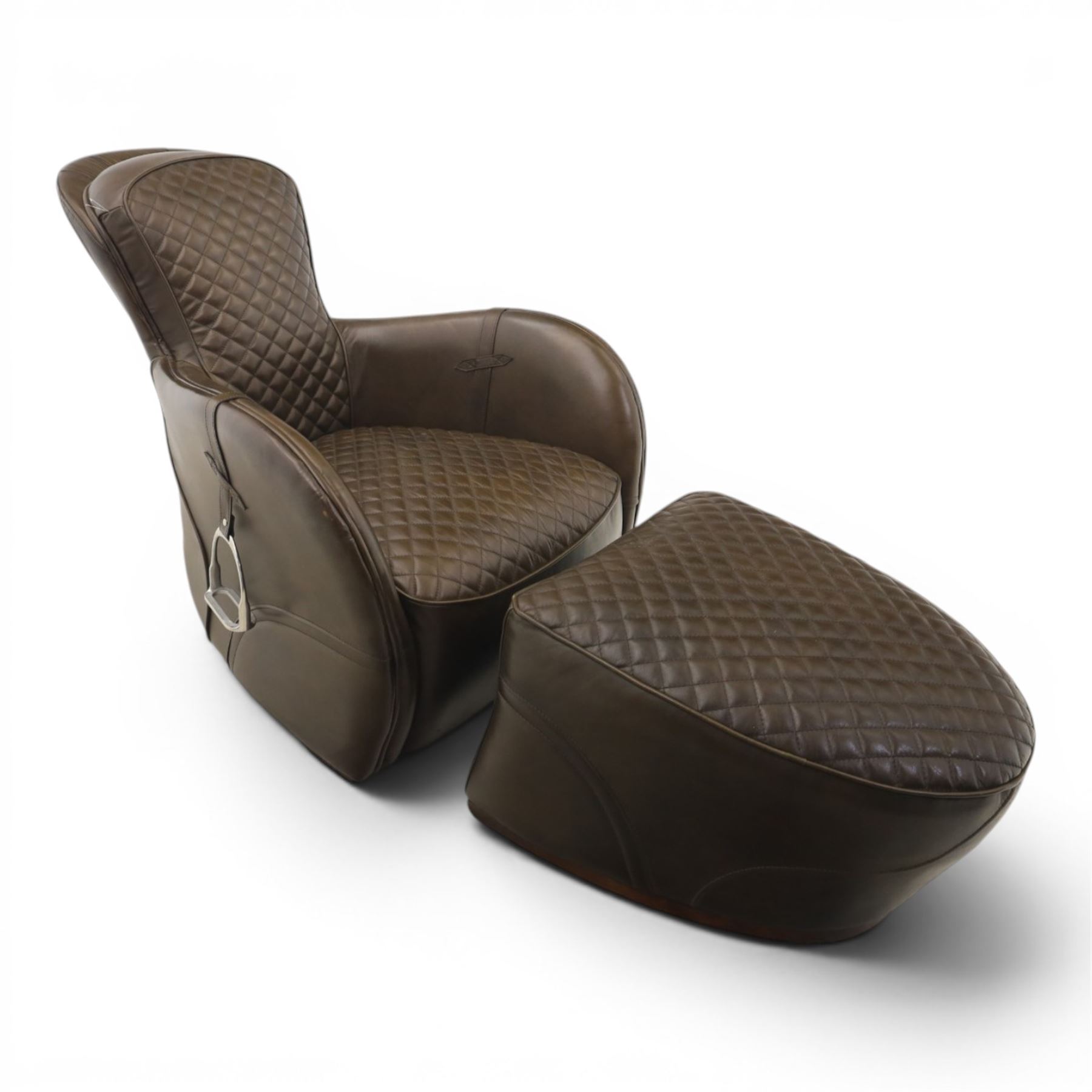 Timothy Oulton - saddle chair and stool upholstered in chocolate brown leather, with reclined back with diamond quilted cushions, stirrups upholstered to the sides  