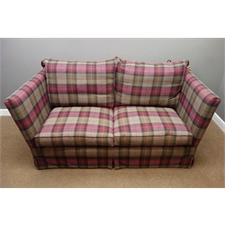  Pair Knole drop arm sofas upholstered in checked fabric, with turned mahogany finish finals, W200cm, H88cm, D100cm  