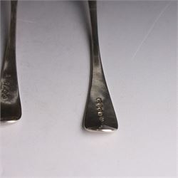 Three George III silver Old English pattern table spoons, one with engraved monogram to terminal, hallmarked Solomon Hougham, London 1802, a further example hallmarked London 1805, makers mark indistinct and one other hallmarked George Wintle, London 1807