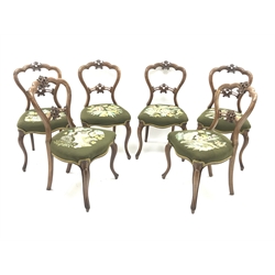  Set six Victorian walnut dining chairs, carved and shaped cresting and back rail, green upholstered overstuffed serpentine seat, cabriole legs, W49cm  