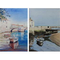 Sarah Garforth (British Contemporary): 'Tavira Roman Bridge Portugal', watercolour signed, titled verso 40cm x 25cm; Hilary * (Contemporary): Coastal Inlet, watercolour indistinctly signed 36cm x 26cm (2)