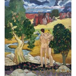 Attrib. Anna 'Nan' Hope Hudson (American 1889-1957): 'Expulsion', oil on board signed, titled on exhibition label verso 44cm x 39cm