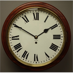  Late 20th century circular mahogany cased wall clock, enamel dial with Roman numerals, signed 'GPO', D38cm  