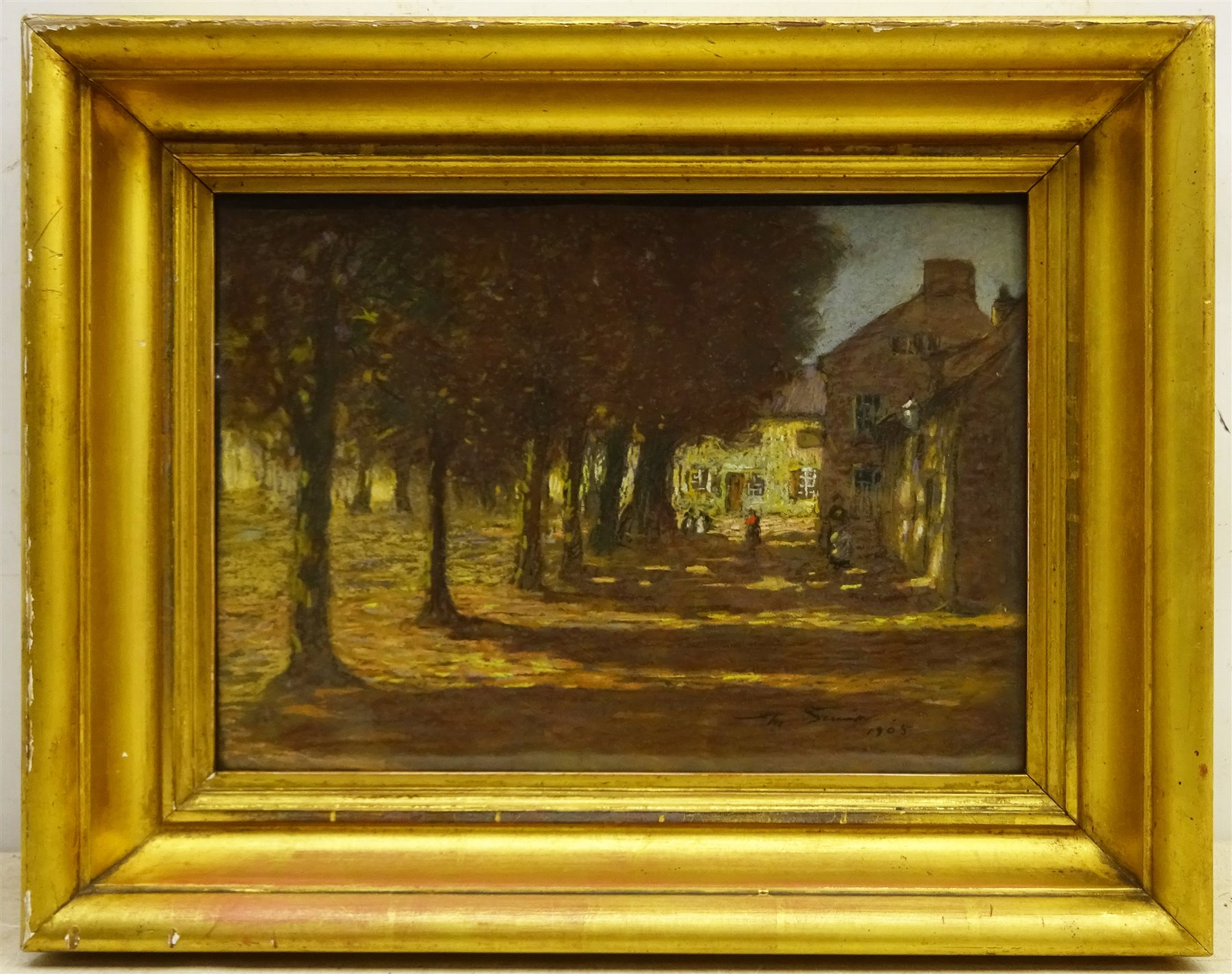 Mark Senior (Staithes Group 1862-1927): Sunlight through the Trees in the Village Square, pastel signed and dated 1905, signed and inscribed 'Artist's Sketch' verso 26cm x 36cm