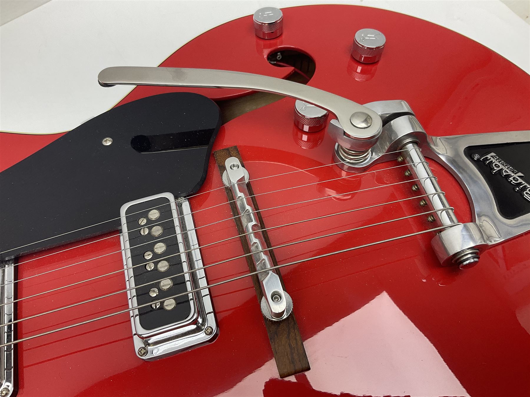 Gretsch Electromatic semi-acoustic guitar model G5129 in black and red with Bigsby tremolo, serial no.KS05063904; L105cm; in fitted hard carrying case