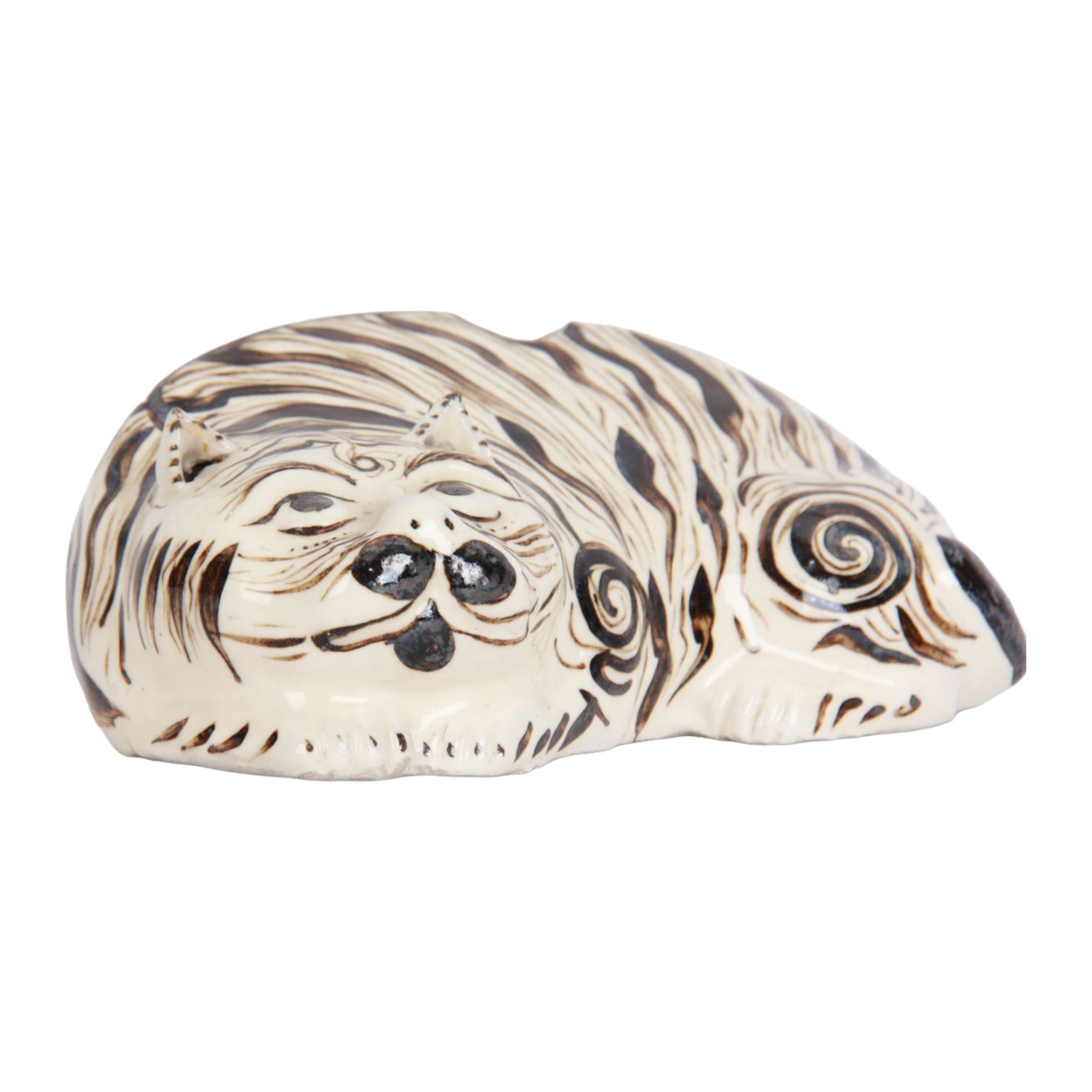 19th century Chinese Cuzhou style glazed pottery model of a cat, modelled in a lying position, and decorated with brown markings upon a cream ground, with opening to back and both ears possibly for incense, H8.5cm L23cm