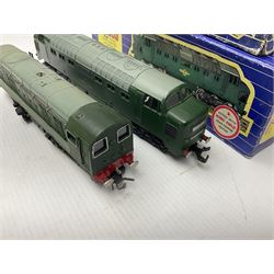 Hornby Dublo - three-rail - Deltic Type Diesel Co-Co locomotive with instructions and guarantee; and Class 20 1000 B.H.P. Bo-Bo Diesel Electric locomotive No.D8000; both in BR green; and each in original blue striped box (2)

