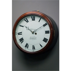  19th century mahogany circular wall clock, enamel dial with Roman chapter ring, signed 'B.E. Coates, Wakefield', single narrow tapered fusee movement, D38cm  