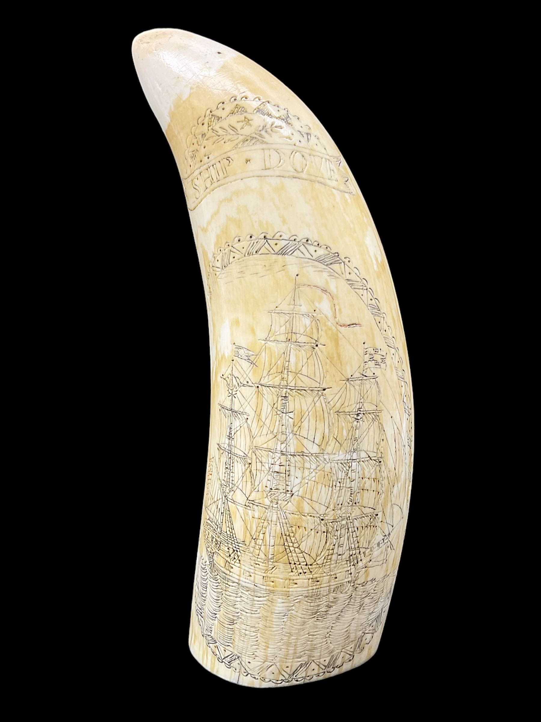 19th century scrimshaw sperm whale tooth from the whaler 'Dove' initialled J.A, Notes, Dove was a Union whaling boat, built at Newbury. Tt was scuttled as part of the Second Stone Fleet on January 25th-26th, 1862, in an attempt to block Charleston Harbor. The captain of the Dove was Captain James Wells Green Port. There were five members of the crew had the initials J.A, any of which could have created the scrimshaw.