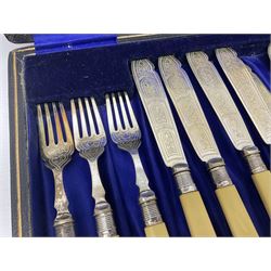 Set of six EPNS fish knives and forks with ivorine handles and hallmarked silver ferrules, boxed, together with a tapering glass decanter with hallmarked silver collar and pair of cut glass salts with hallmarked silver collars, decanter H32cm