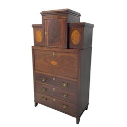 Early to mid-19th century figured mahogany Continental secrétaire à abattant, stepped top fitted with single cupboard, inlaid with oval figured amboyna panels, the fall front inlaid with shell motif enclosing a satinwood interior fitted with cupboard, drawers, and pigeon holes, three long drawers below, on square tapering feet